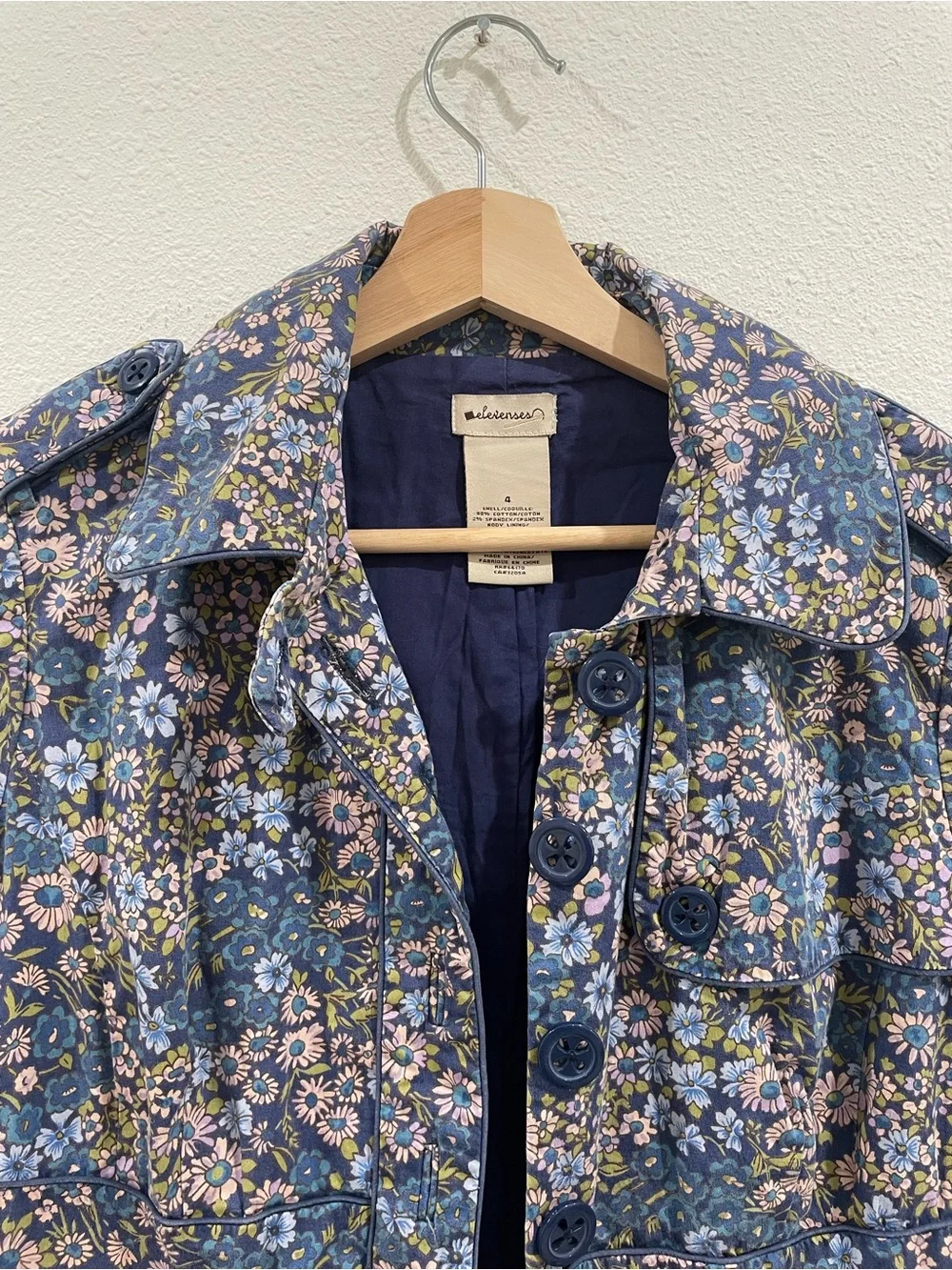 Anthropologie Elevenses Floral Rain Jacket Trench Coat Blue Purple Spring Size 4 - Picture 3 of 11